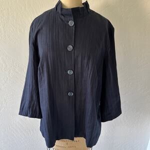 COLDWATER CREEK | Womens Linen Button Down Blazer Size 16 Navy Blue Career Chic